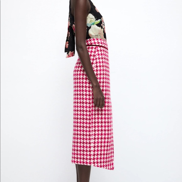 Zara TWEED TEXTURED WEAVE HOUNDSTOOTH
High-waist Midi Skirt Front Slit Pink NEW - Picture 13 of 16
